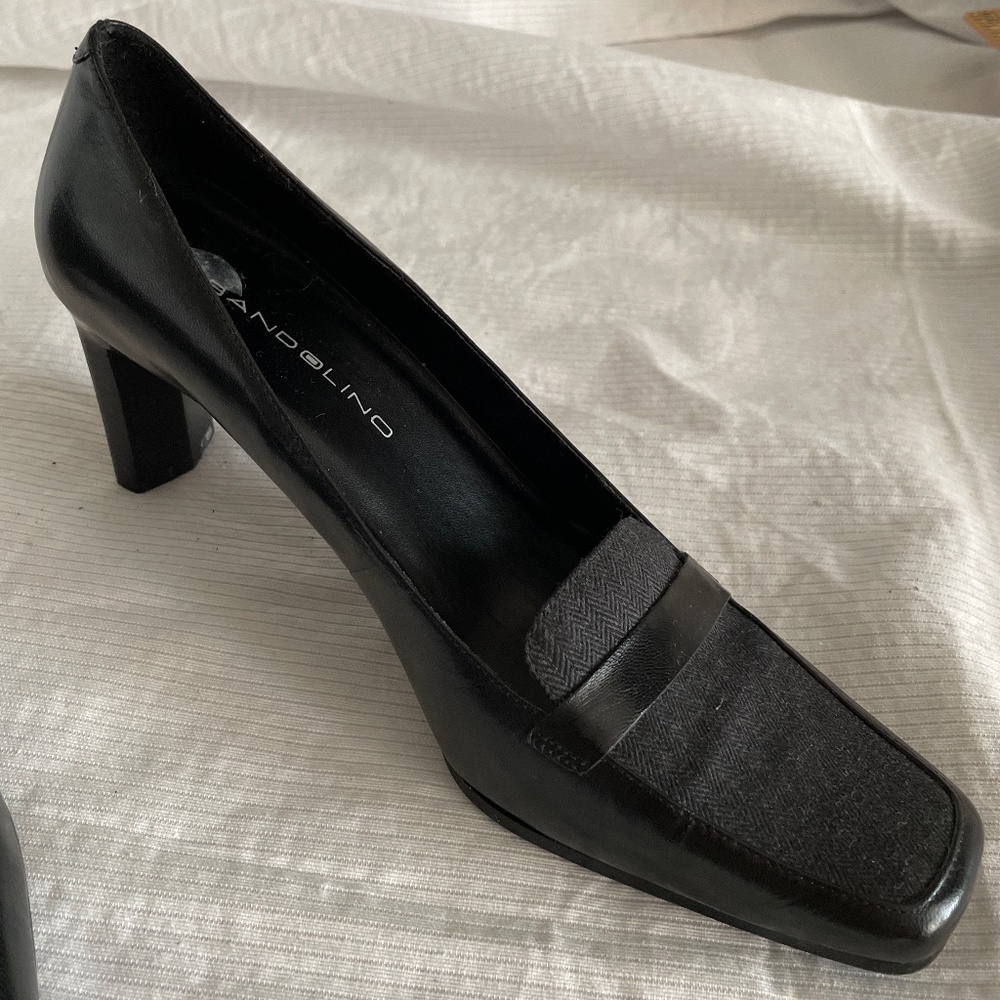 Black leather with herringbone patterned fabric high-heeled Bandolino shoes